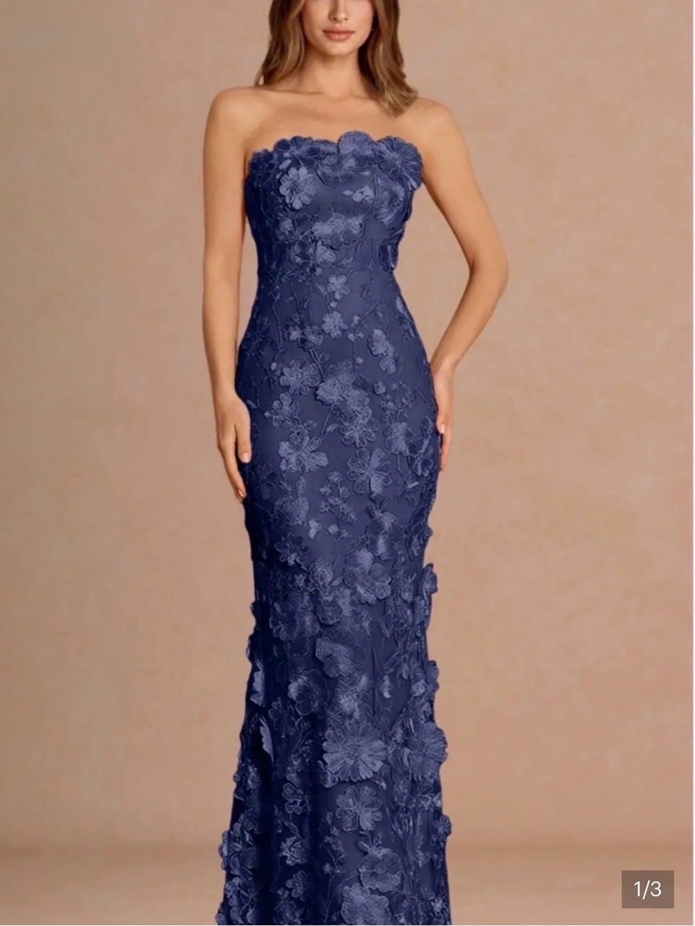 Strapless Navy Floral Appliqué Evening Gown